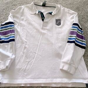 White Long Sleeve Polo Shirt with Striped Sleeves